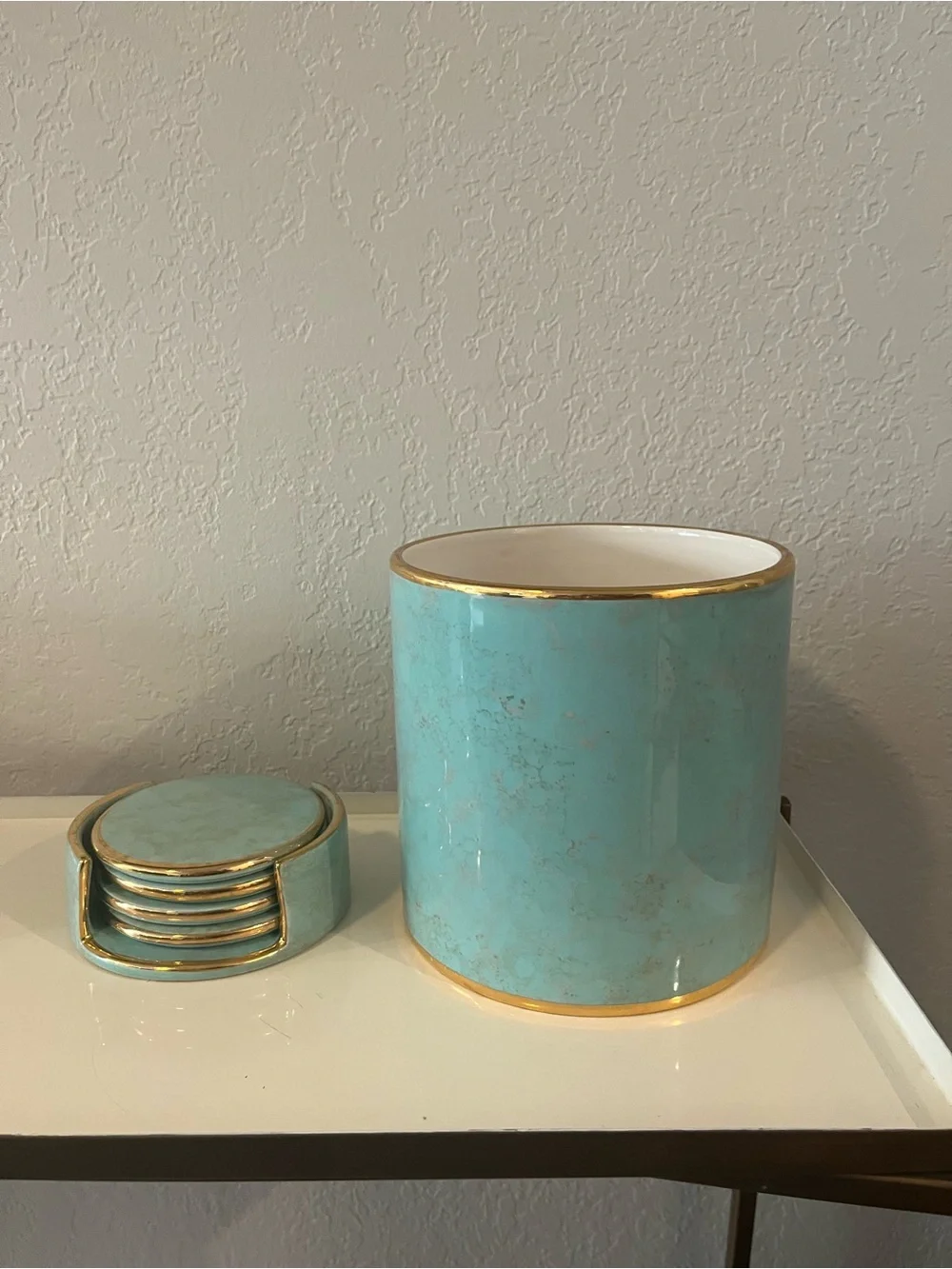 Williams Sonoma Aerin Turquoise Ice Bucket W/ 24kt Gold Trim +Coasters